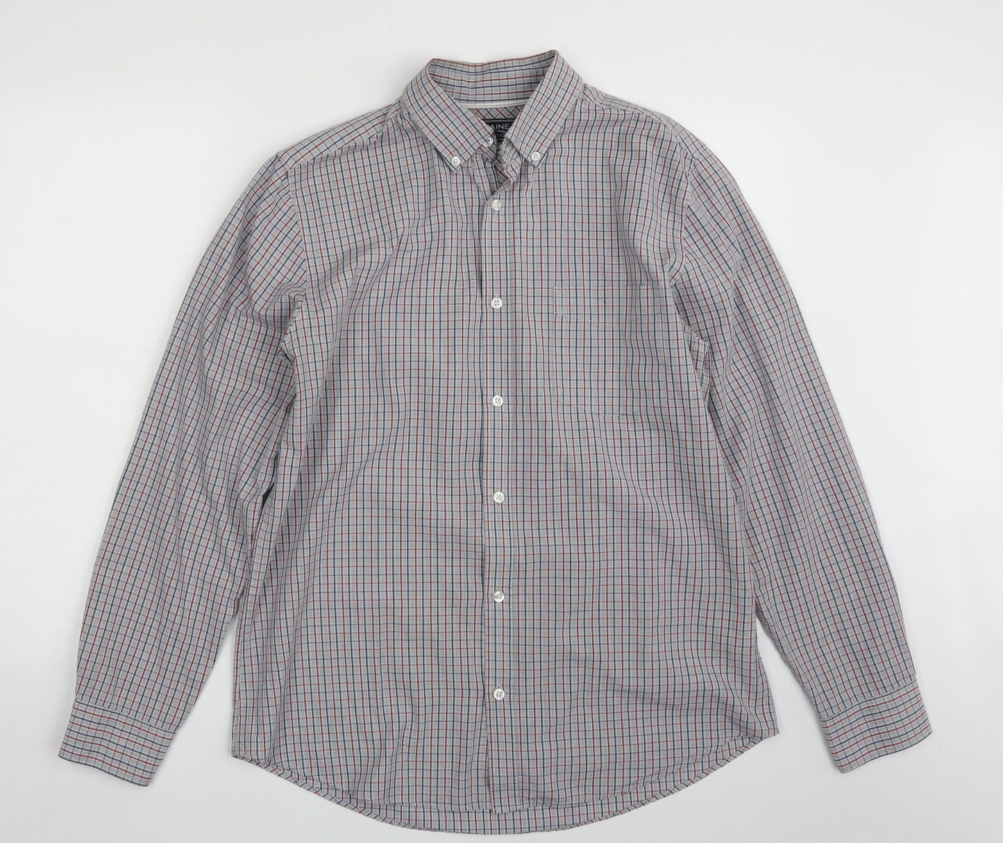 Maine Mens Grey Check Cotton  Button-Up Size M Collared Button - Tailored Fit