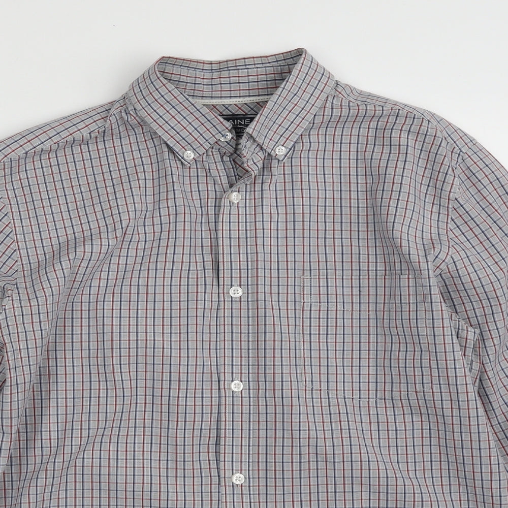 Maine Mens Grey Check Cotton  Button-Up Size M Collared Button - Tailored Fit