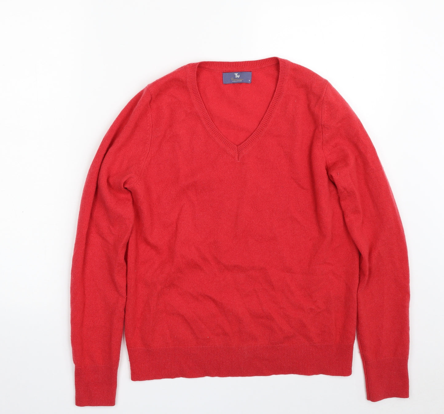 TU Womens Red V-Neck  Cashmere Pullover Jumper Size 8