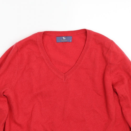 TU Womens Red V-Neck  Cashmere Pullover Jumper Size 8