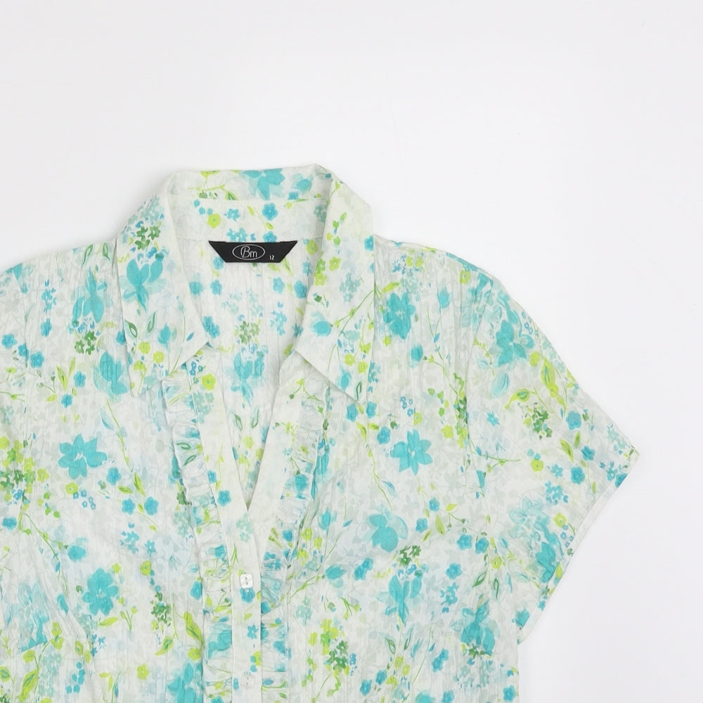 Bonmarché Womens White Floral Polyester Basic Button-Up Size 12 Collared