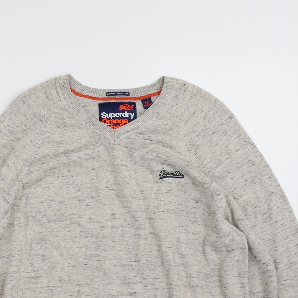 Superdry Mens Beige V-Neck  Cotton Pullover Jumper Size L   - Flecked Pattern