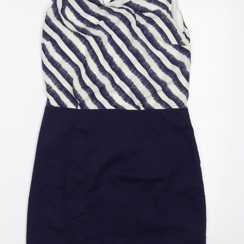 Warehouse Womens Blue Striped Viscose Shift  Size 10  V-Neck Zip