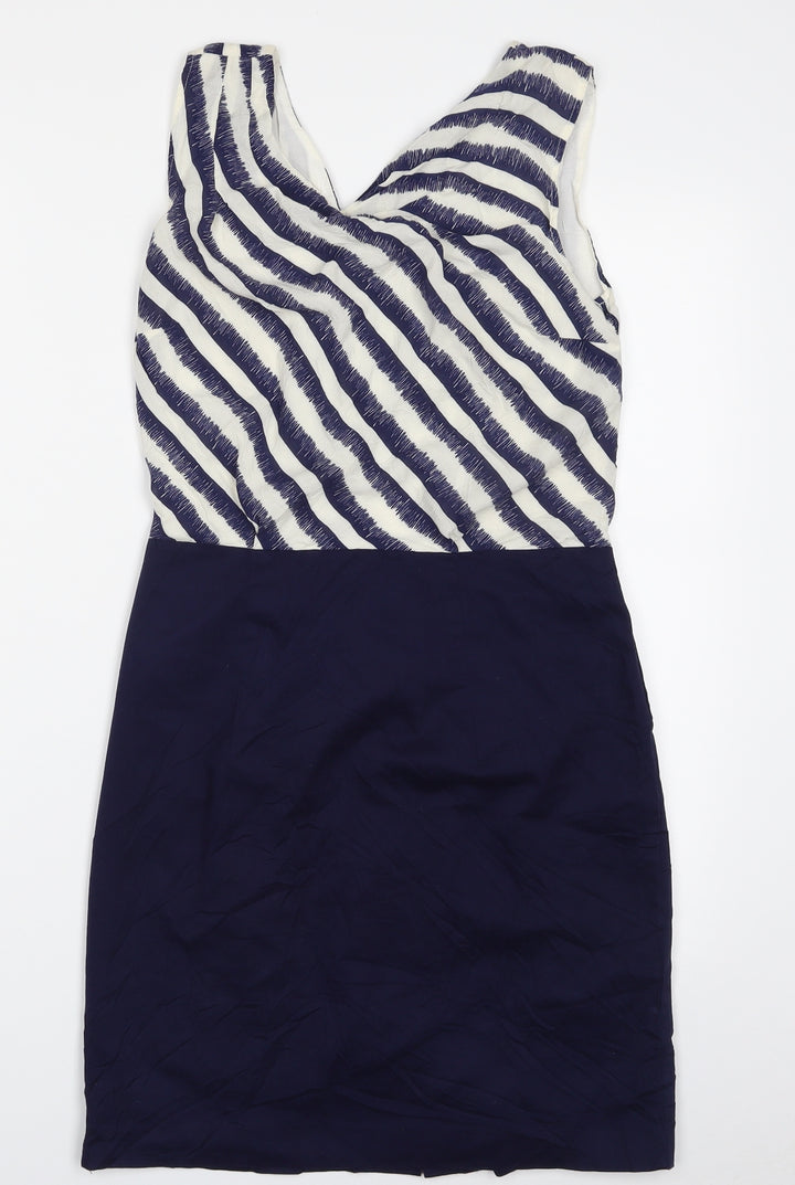 Warehouse Womens Blue Striped Viscose Shift  Size 10  V-Neck Zip