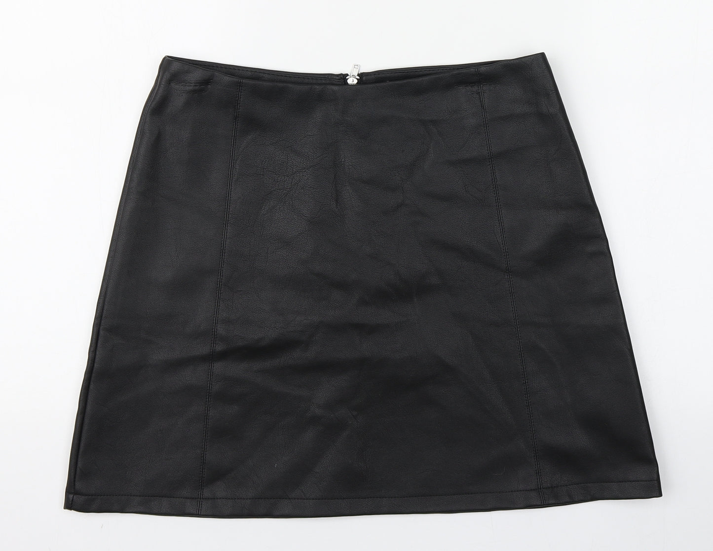 Primark Womens Black  Polyester A-Line Skirt Size 12   Zip - Faux Leather