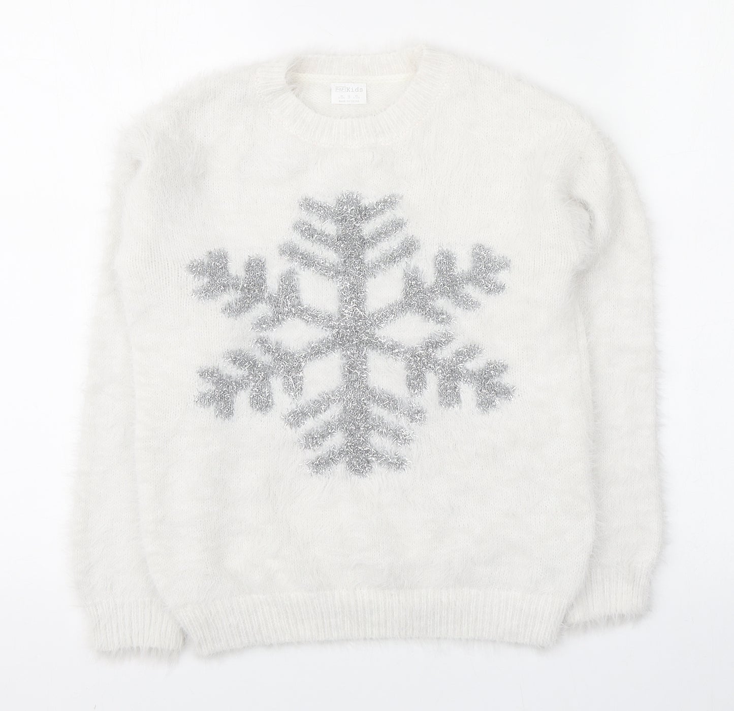 F&F Girls White Round Neck  Polyamide Pullover Jumper Size 9-10 Years   - Snowflake Fluffy