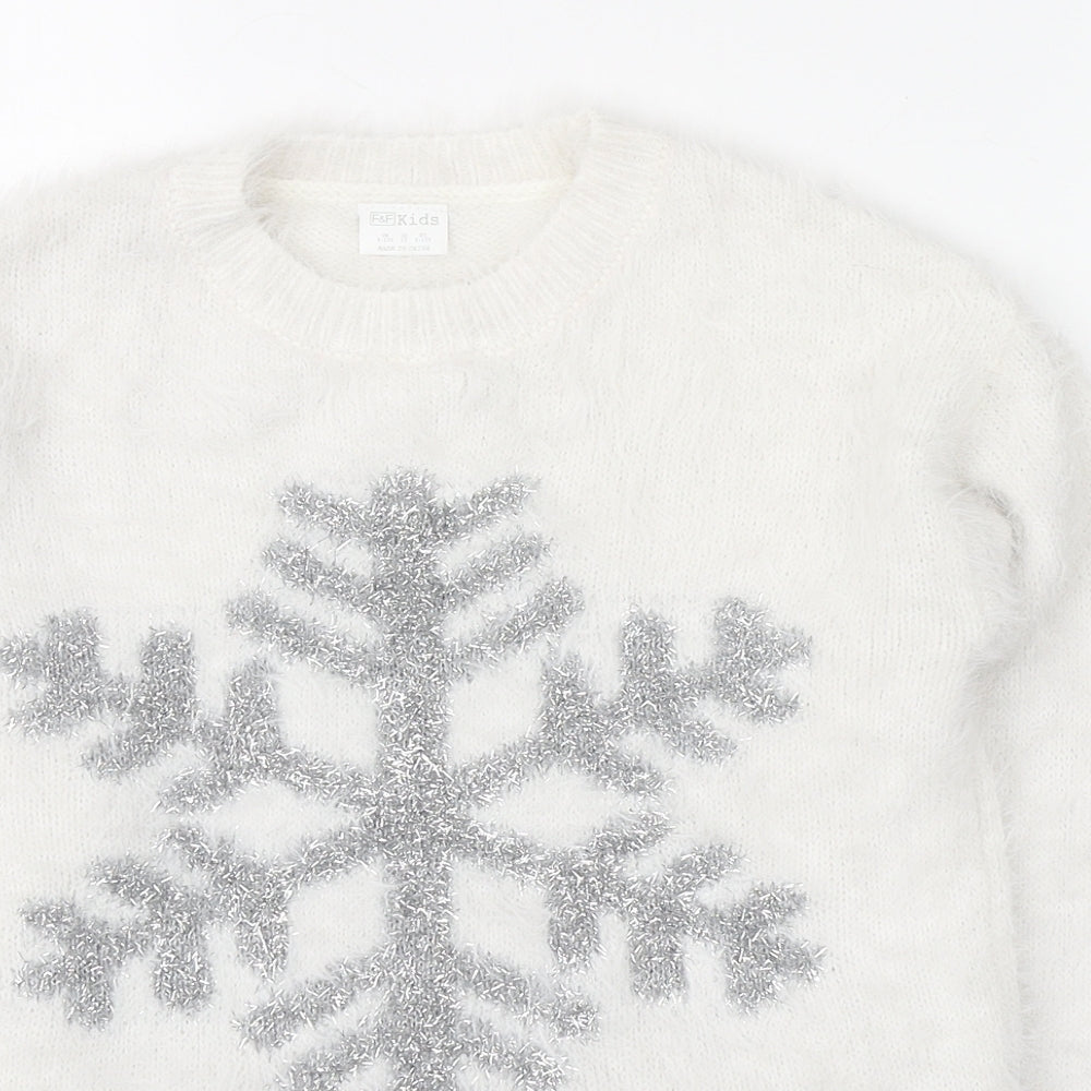 F&F Girls White Round Neck  Polyamide Pullover Jumper Size 9-10 Years   - Snowflake Fluffy