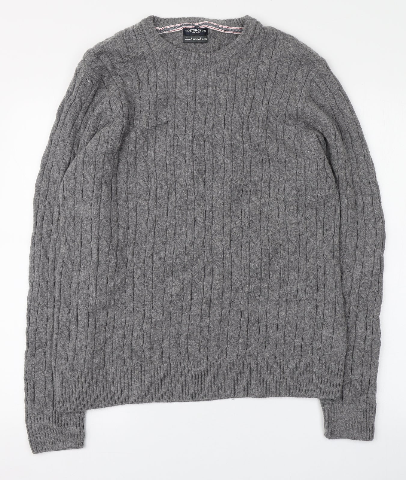 Boston Crew Mens Grey Round Neck  Wool Pullover Jumper Size L