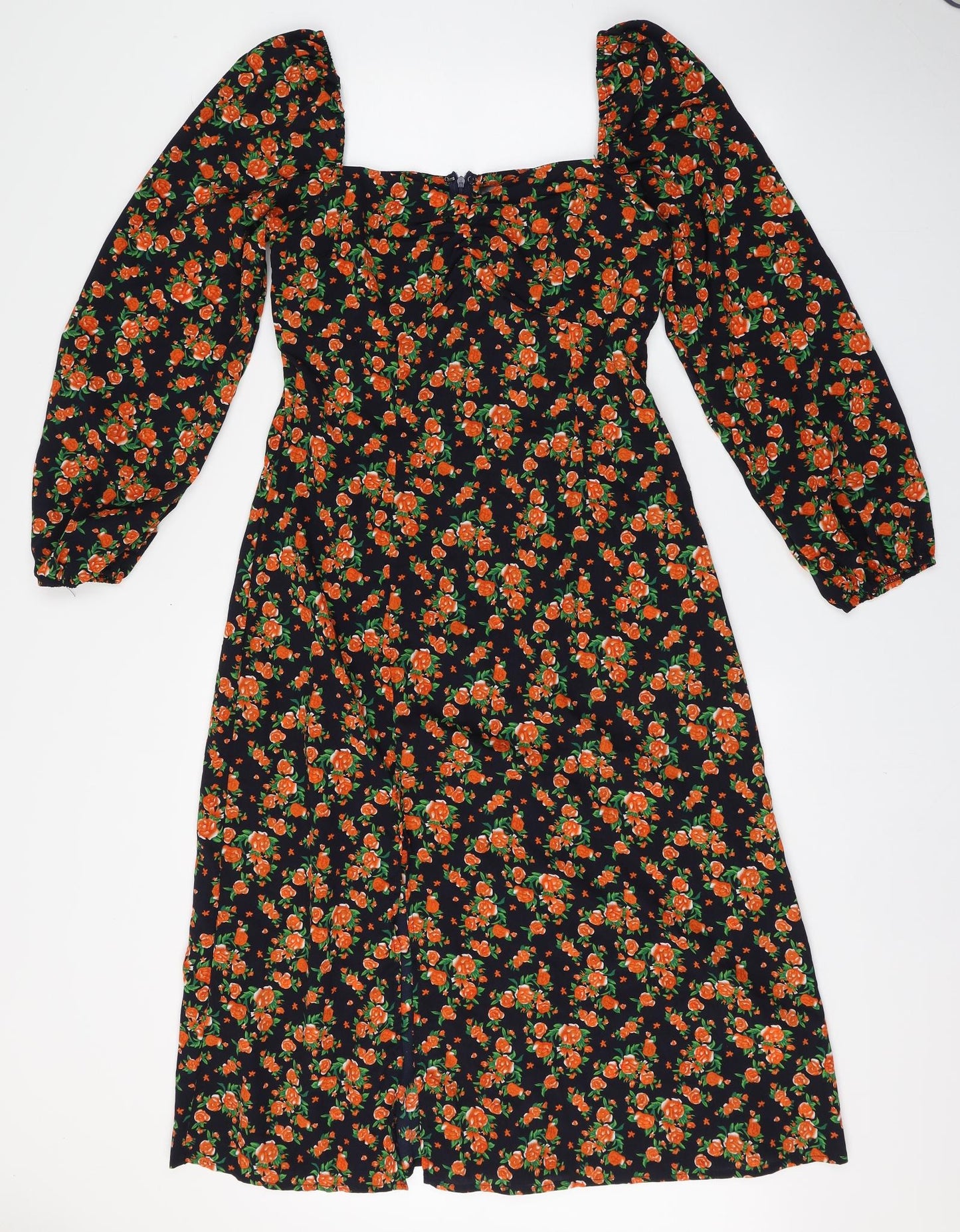 Missguided Womens Black Floral Polyester A-Line  Size 12  Square Neck Zip