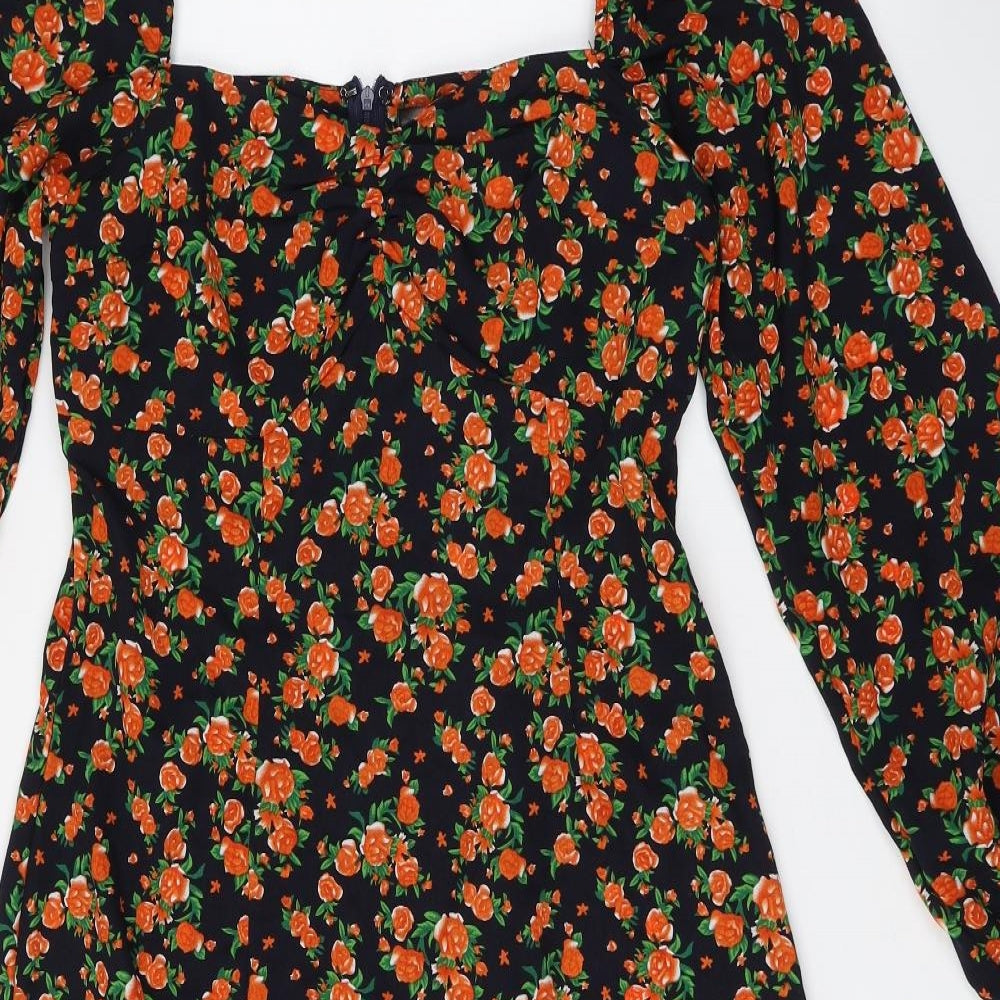 Missguided Womens Black Floral Polyester A-Line  Size 12  Square Neck Zip