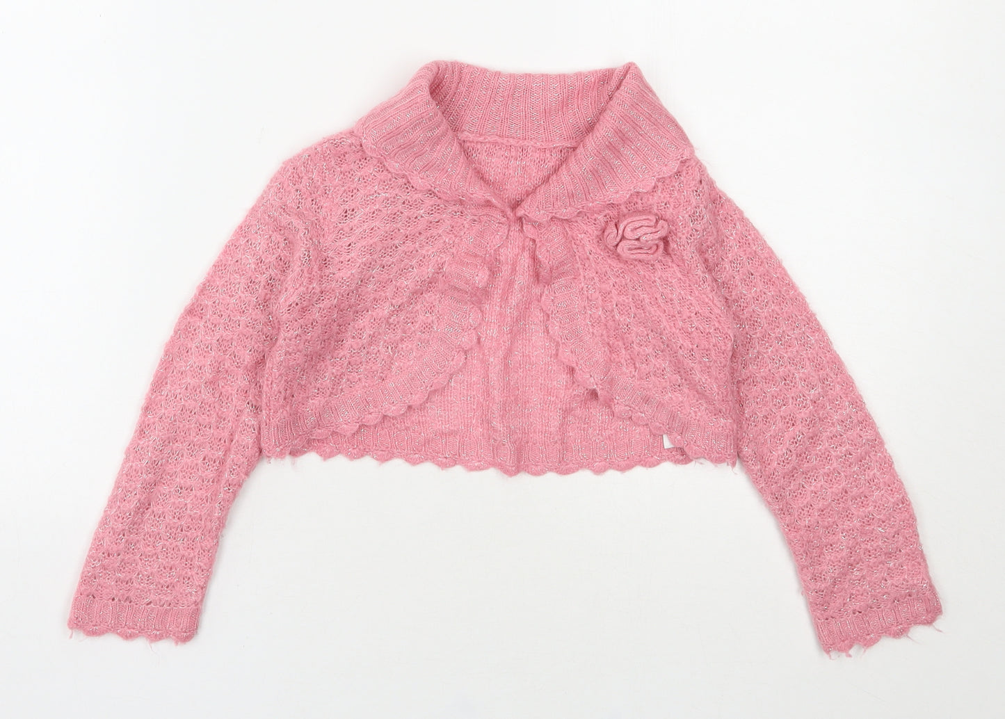 Mothercare Girls Pink Collared  Acrylic Shrug Jumper Size 3-4 Years  Pullover