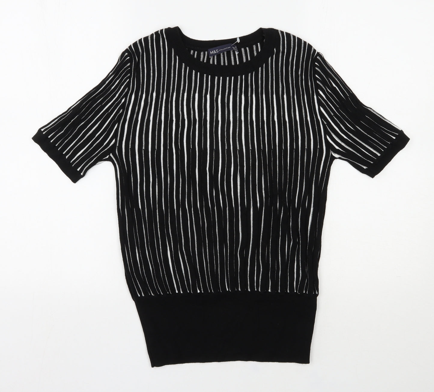 Marks and Spencer Womens Black Round Neck Striped Viscose Pullover Jumper Size 12