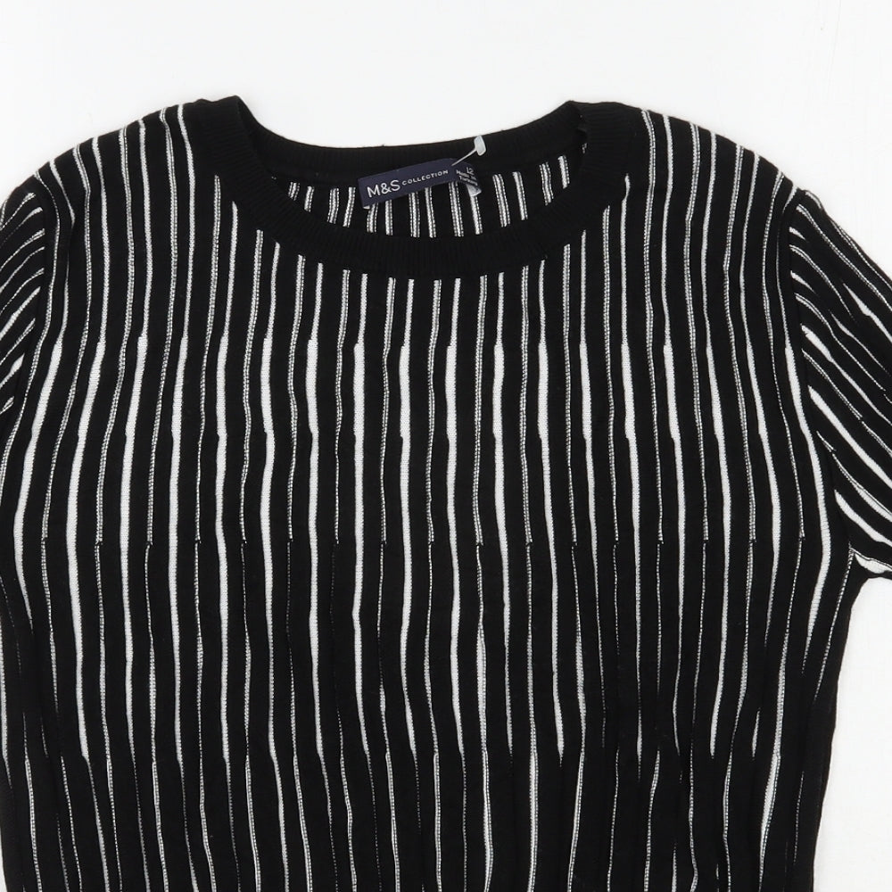 Marks and Spencer Womens Black Round Neck Striped Viscose Pullover Jumper Size 12