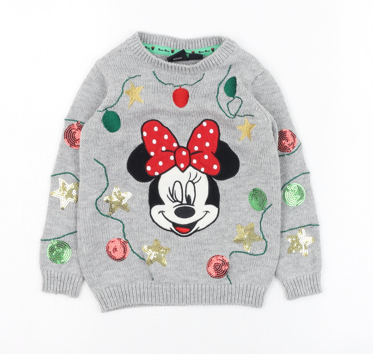 Primark Girls Grey Round Neck  Polyester Pullover Jumper Size 3-4 Years  Pullover - Minnie Mouse, Christmas