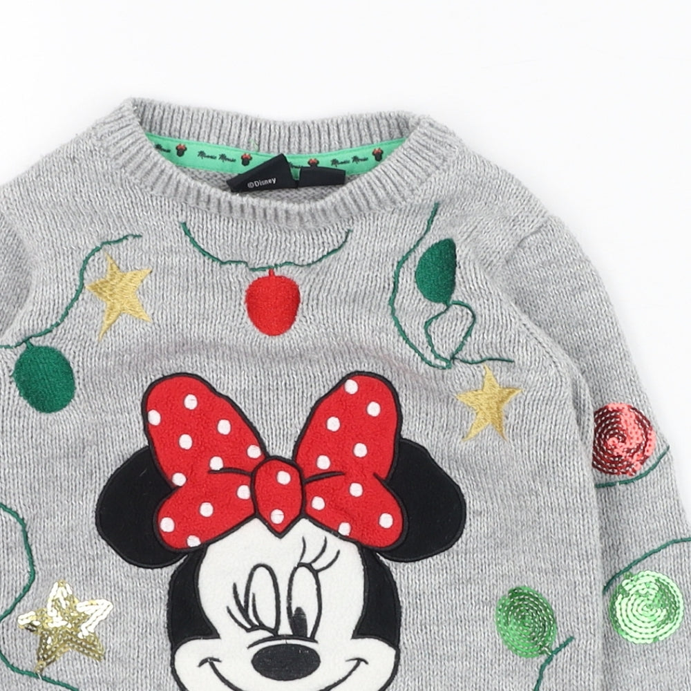 Primark Girls Grey Round Neck  Polyester Pullover Jumper Size 3-4 Years  Pullover - Minnie Mouse, Christmas