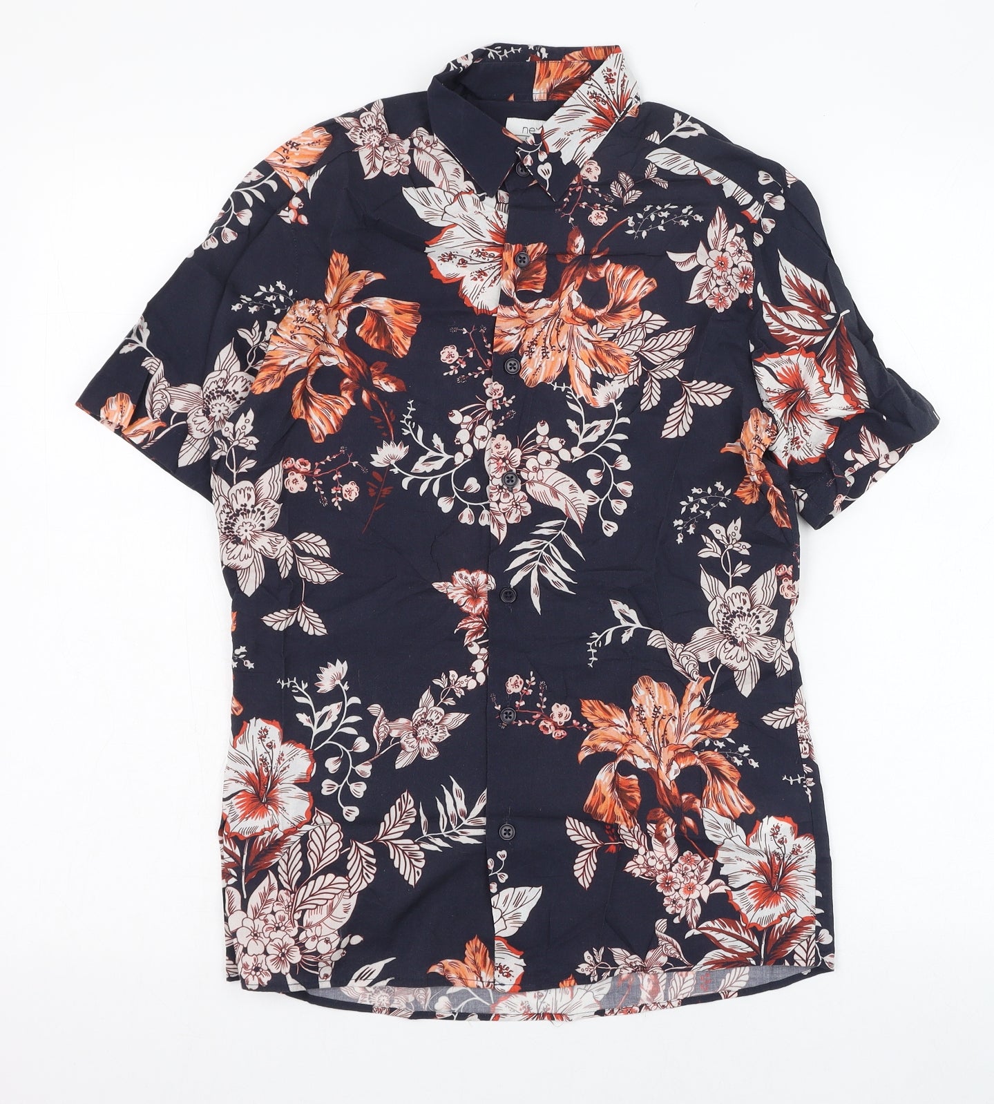 NEXT Mens Blue Floral Viscose  Button-Up Size XS Collared Button