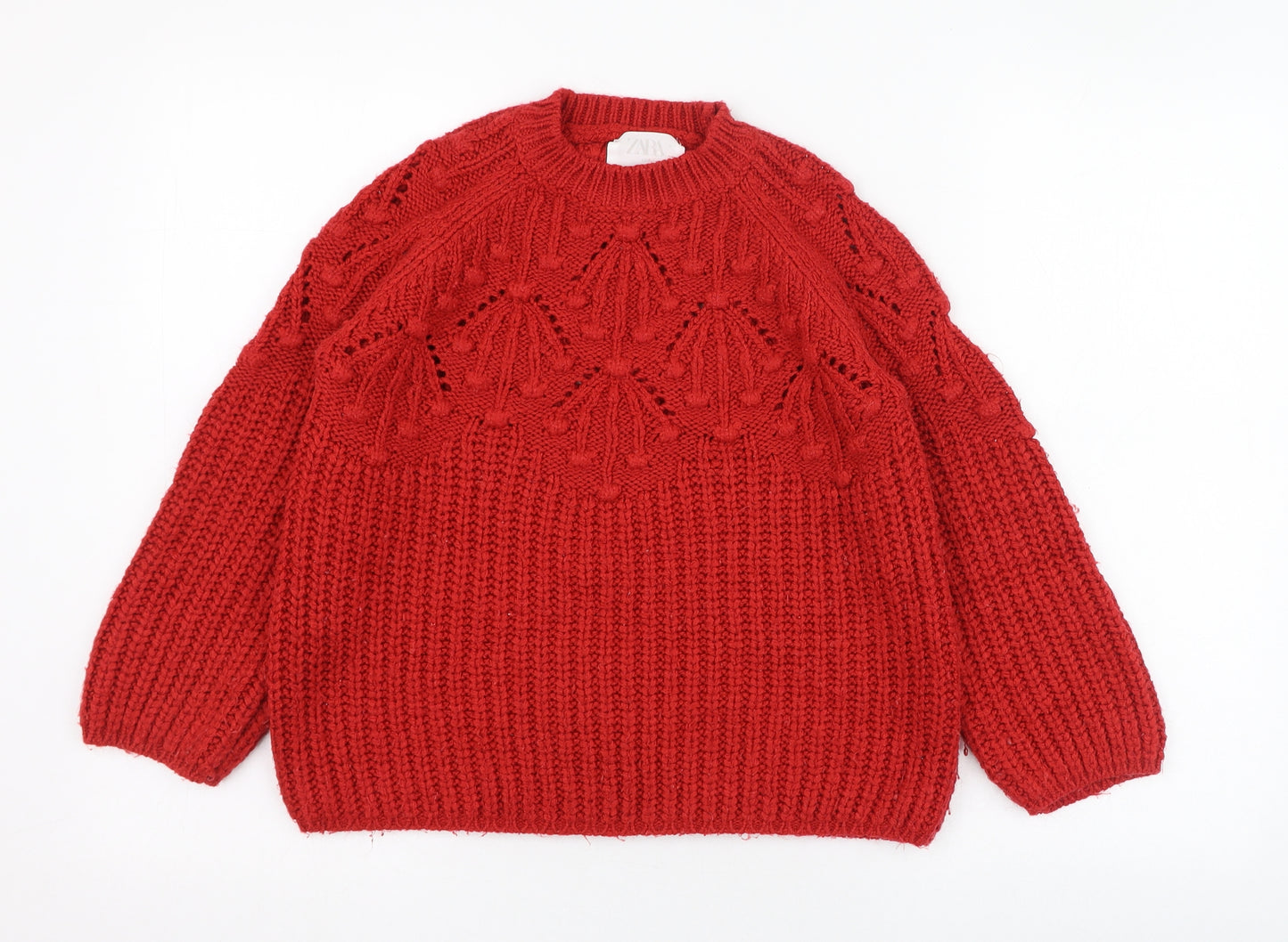 Zara Girls Red Round Neck  Acrylic Pullover Jumper Size 9-10 Years  Pullover