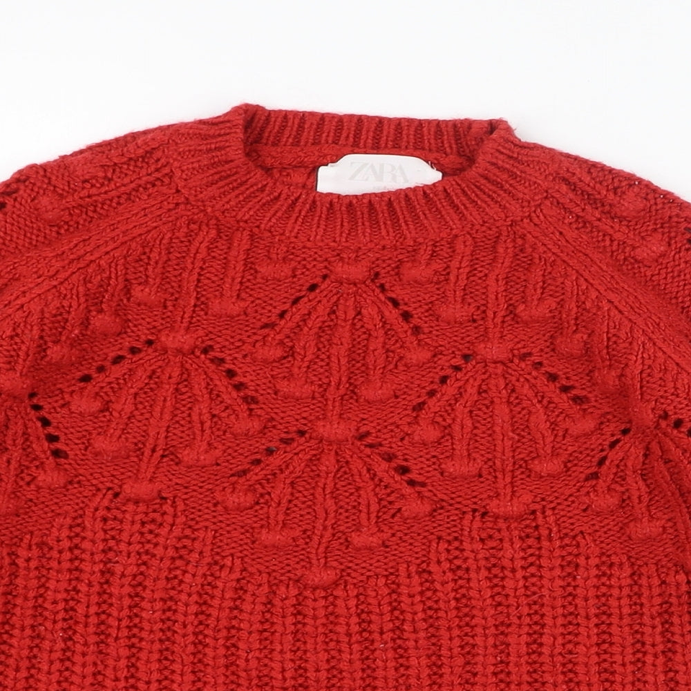 Zara Girls Red Round Neck  Acrylic Pullover Jumper Size 9-10 Years  Pullover