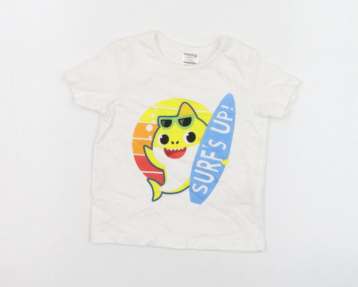 F&F Boys White Cotton Basic T-Shirt Size 6-9 Months Round Neck Pullover - Baby Shark