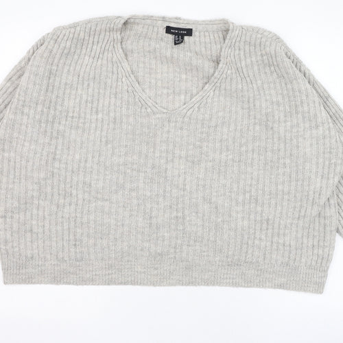 New Look Womens Grey V-Neck  Acrylic Pullover Jumper Size M