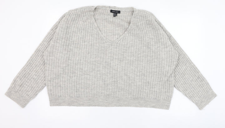 New Look Womens Grey V-Neck Acrylic Pullover Jumper Size M