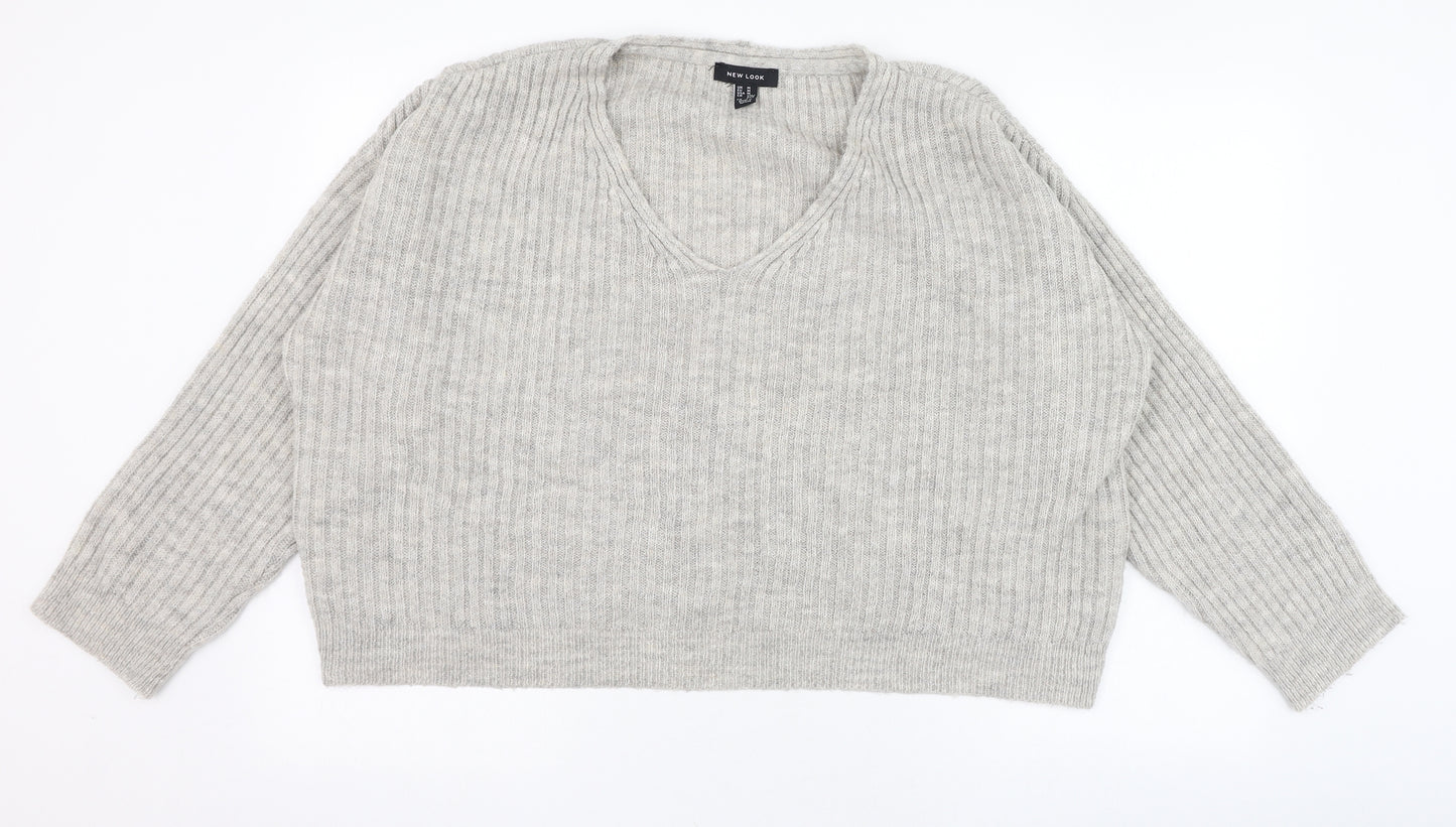 New Look Womens Grey V-Neck  Acrylic Pullover Jumper Size M