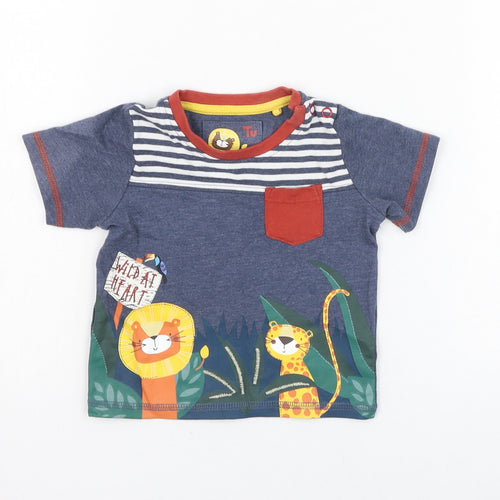 TU Boys Blue Striped Camel Basic T-Shirt Size 3-6 Months Round Neck Pullover - Lion, Tiger