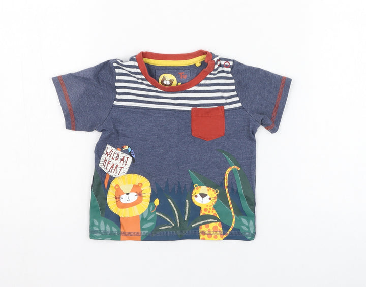 TU Boys Blue Striped Camel Basic T-Shirt Size 3-6 Months Round Neck Pullover - Lion, Tiger