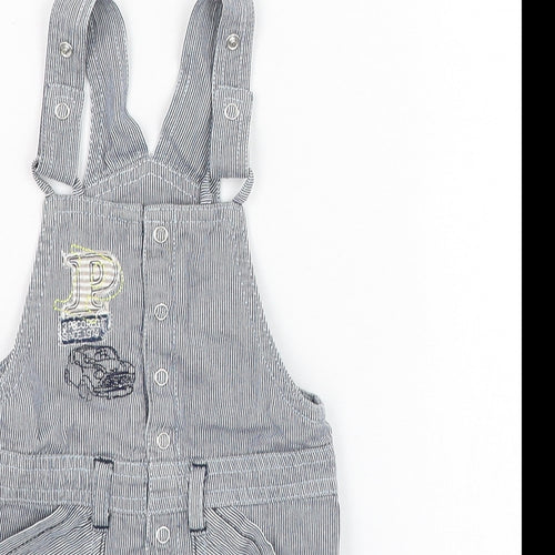 Preworn Boys Blue Striped Cotton Dungaree One-Piece Size 12 Months  Button