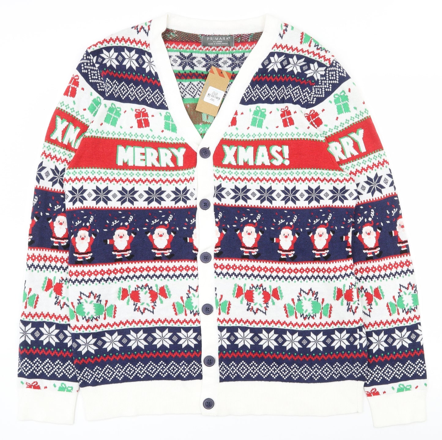 Primark Mens Multicoloured V-Neck Fair Isle Cotton Cardigan Jumper Size XL   - Christmas jumper