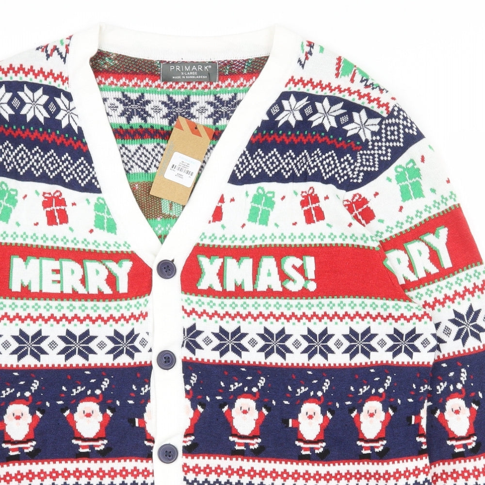 Primark Mens Multicoloured V-Neck Fair Isle Cotton Cardigan Jumper Size XL   - Christmas jumper