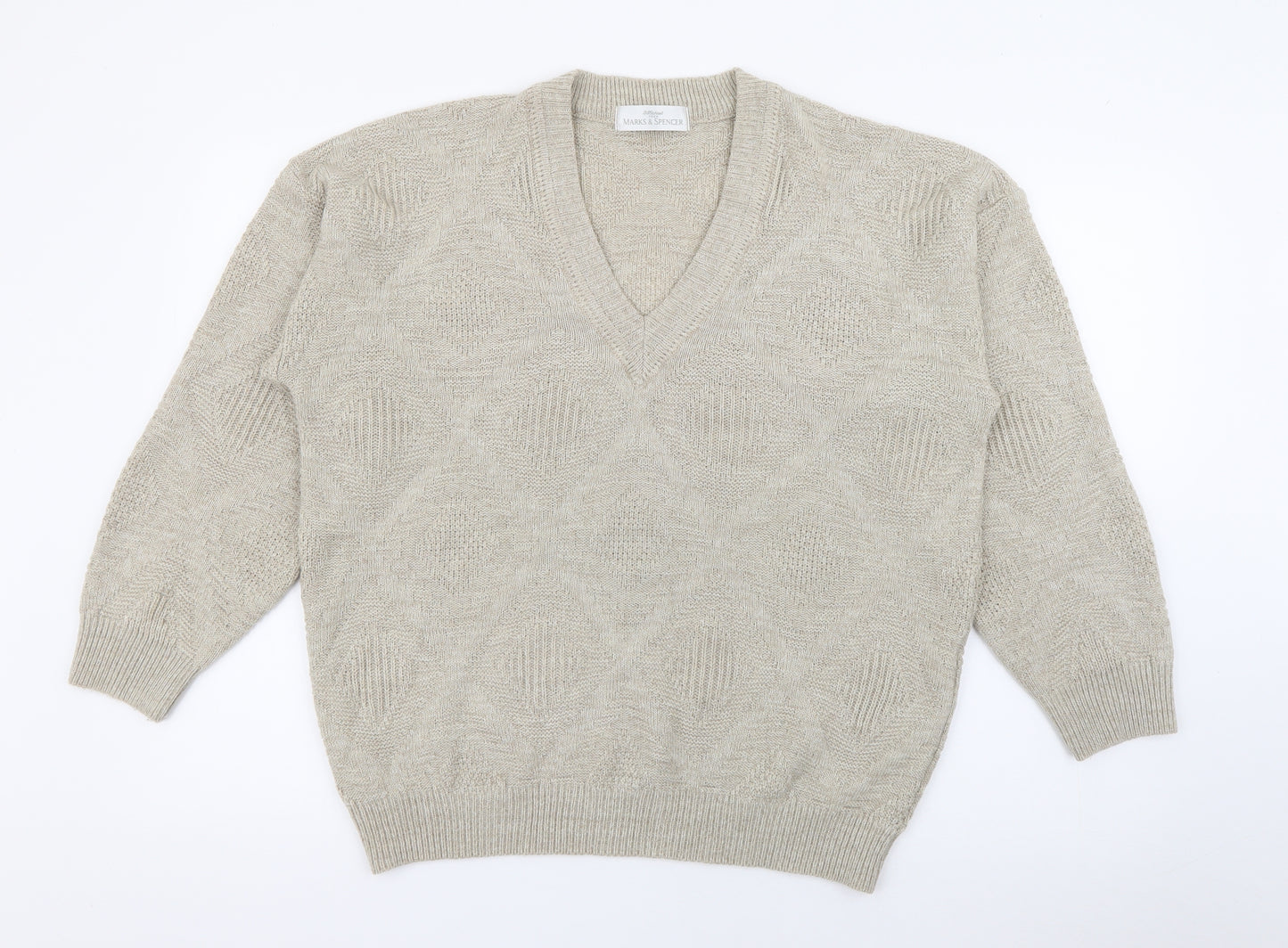 Marks and Spencer Mens Beige V-Neck  Acrylic Pullover Jumper Size M