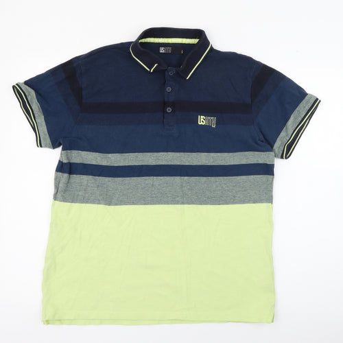 Usath Mens Blue Striped Cotton  Polo Size L Collared Button