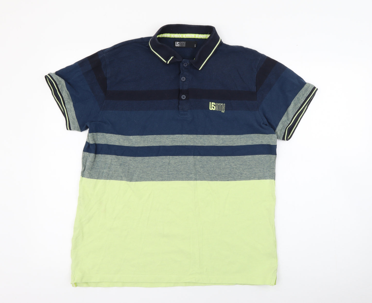 Usath Mens Blue Striped Cotton  Polo Size L Collared Button