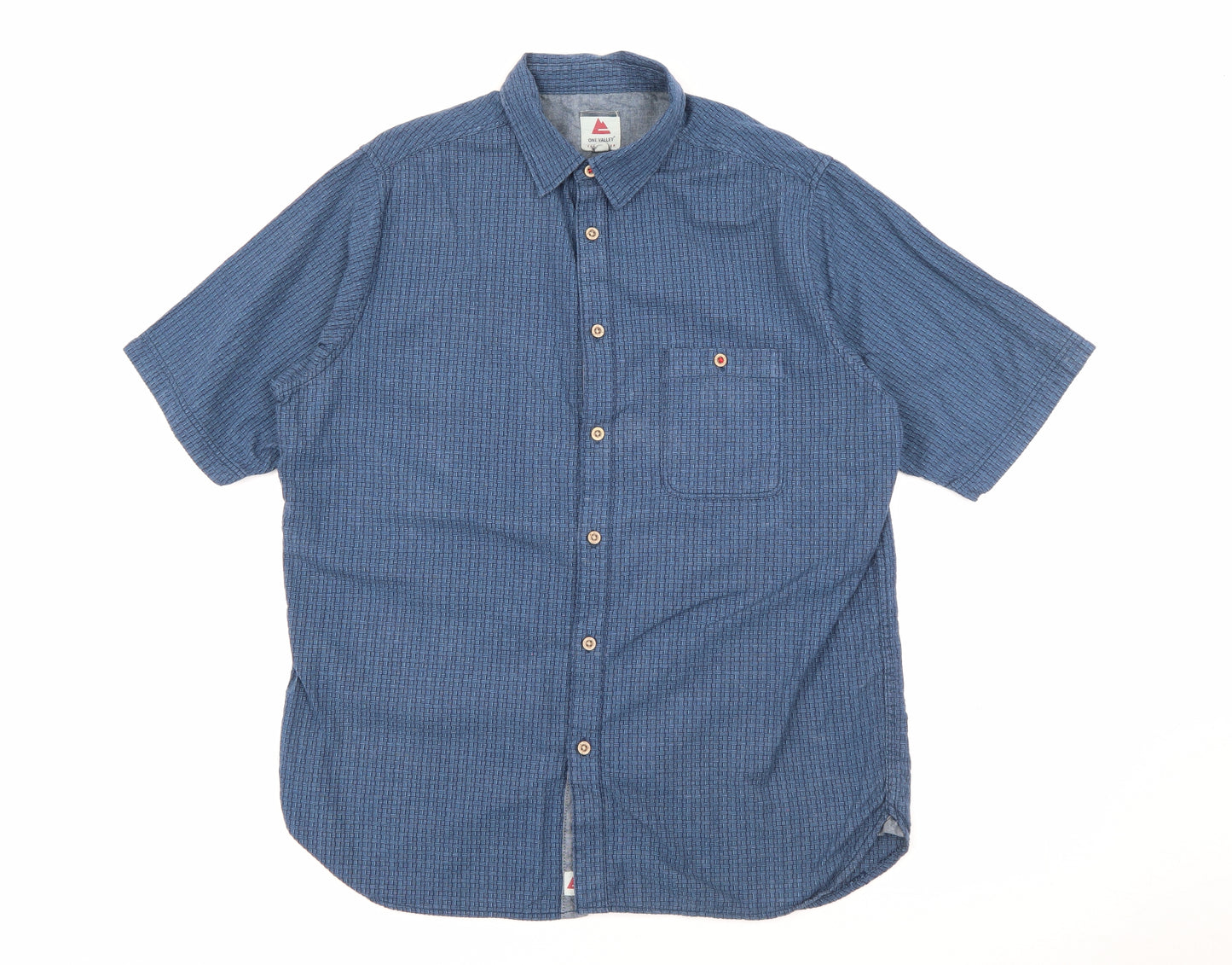 One Valley Mens Blue Geometric Cotton  Button-Up Size M Collared Button