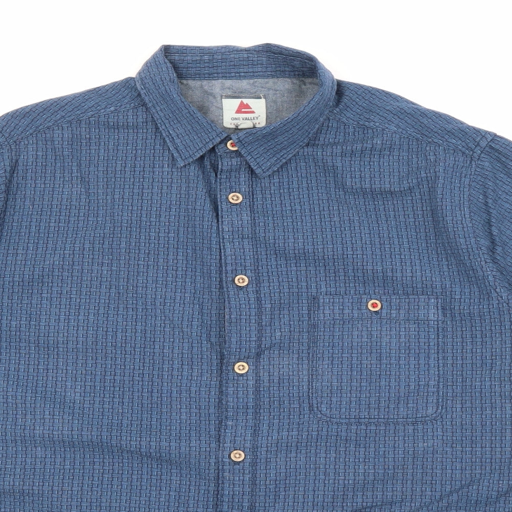 One Valley Mens Blue Geometric Cotton  Button-Up Size M Collared Button