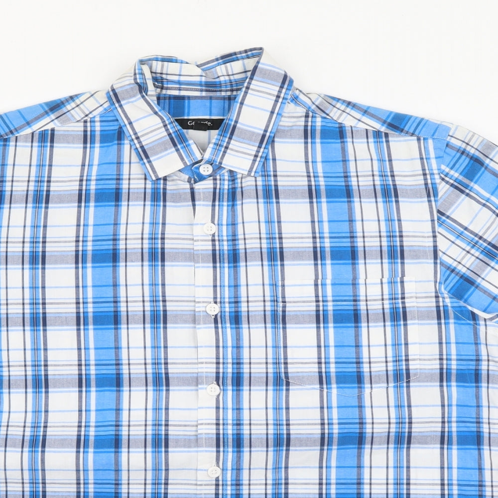 George Mens Blue Plaid Cotton  Button-Up Size S Collared Button