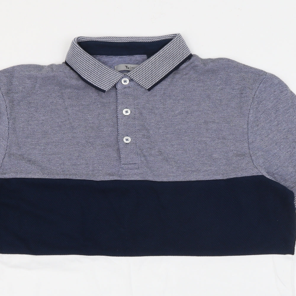 TU Mens Blue Colourblock Cotton  Polo Size M Collared Button