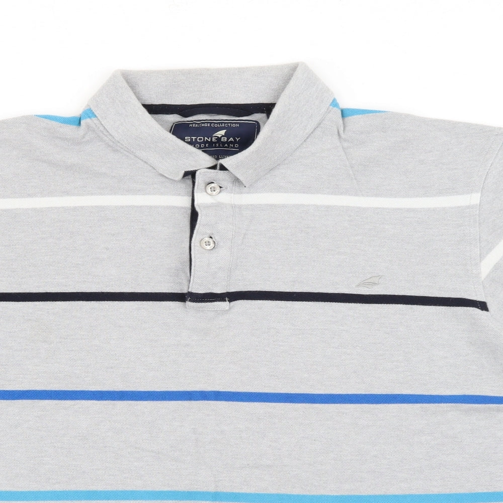 Stone Bay Mens Grey Striped Cotton  Polo Size M Collared Button