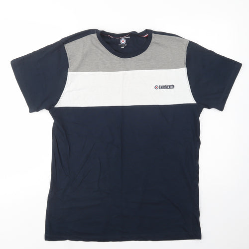 Lambretta Mens Blue Colourblock Cotton  T-Shirt Size L Crew Neck