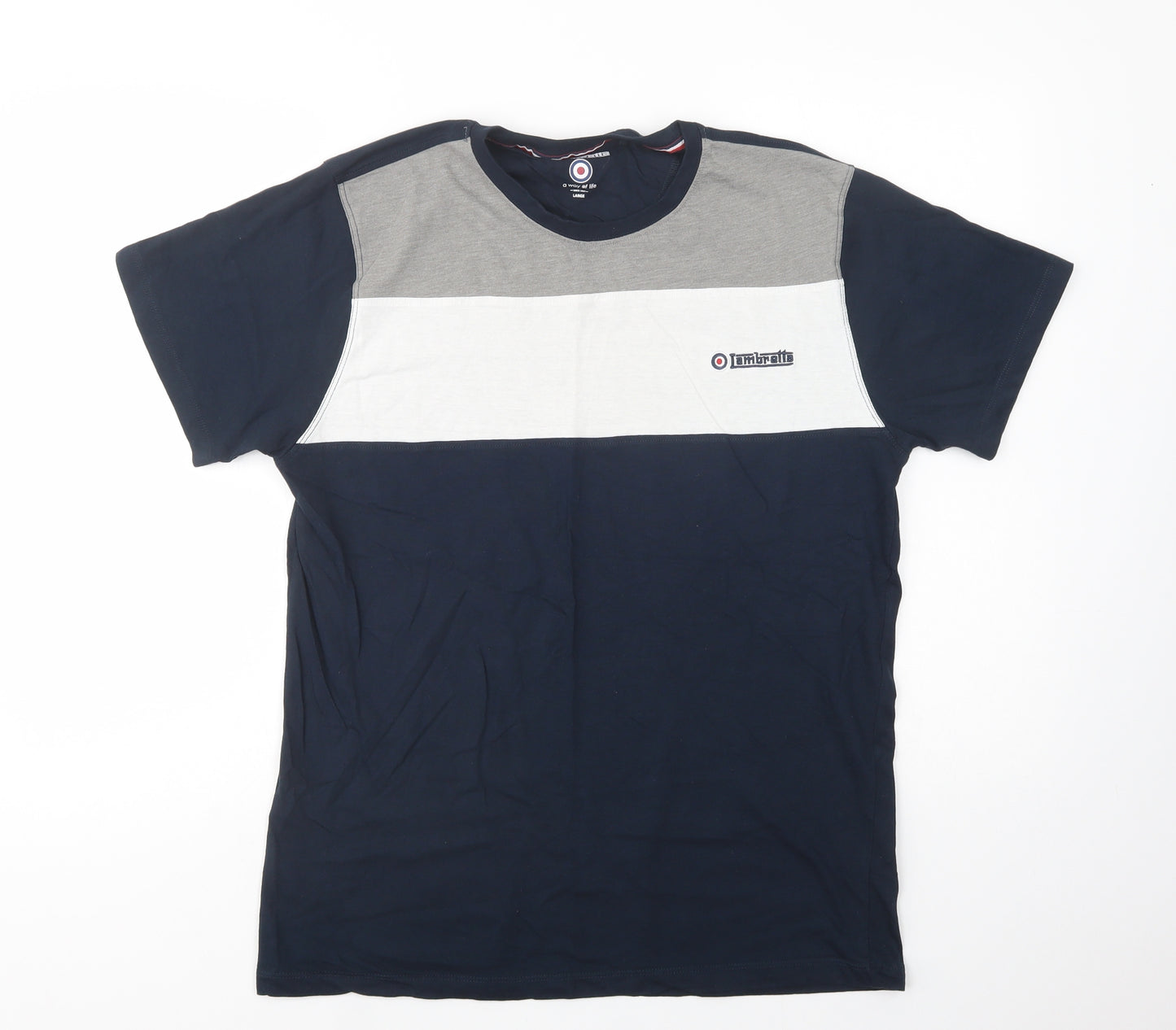 Lambretta Mens Blue Colourblock Cotton  T-Shirt Size L Crew Neck