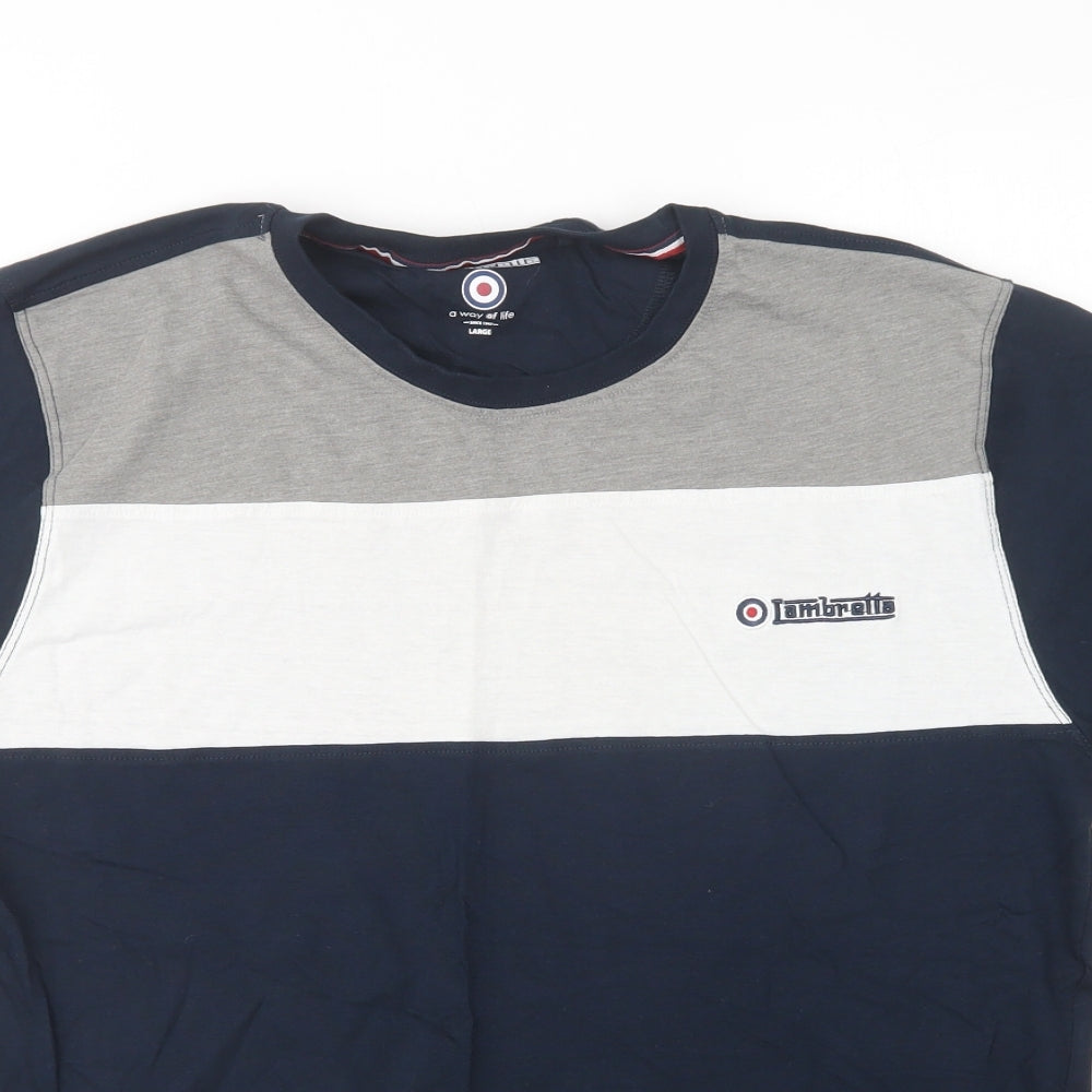 Lambretta Mens Blue Colourblock Cotton  T-Shirt Size L Crew Neck