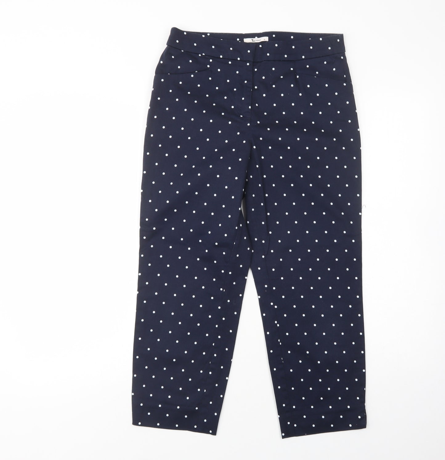 TU Womens Blue Polka Dot Cotton Cropped Trousers Size 10 L22 in Regular Button