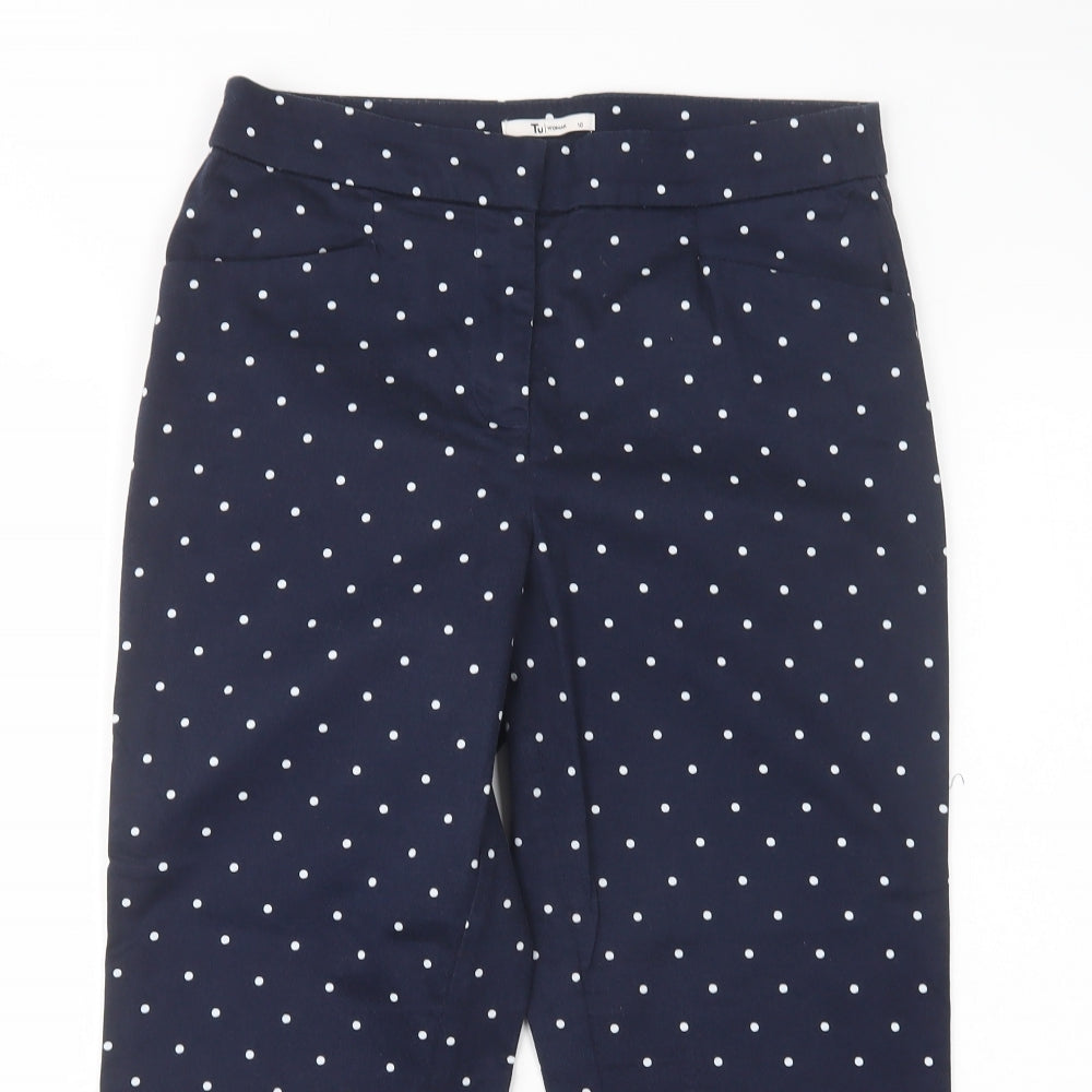 TU Womens Blue Polka Dot Cotton Cropped Trousers Size 10 L22 in Regular Button