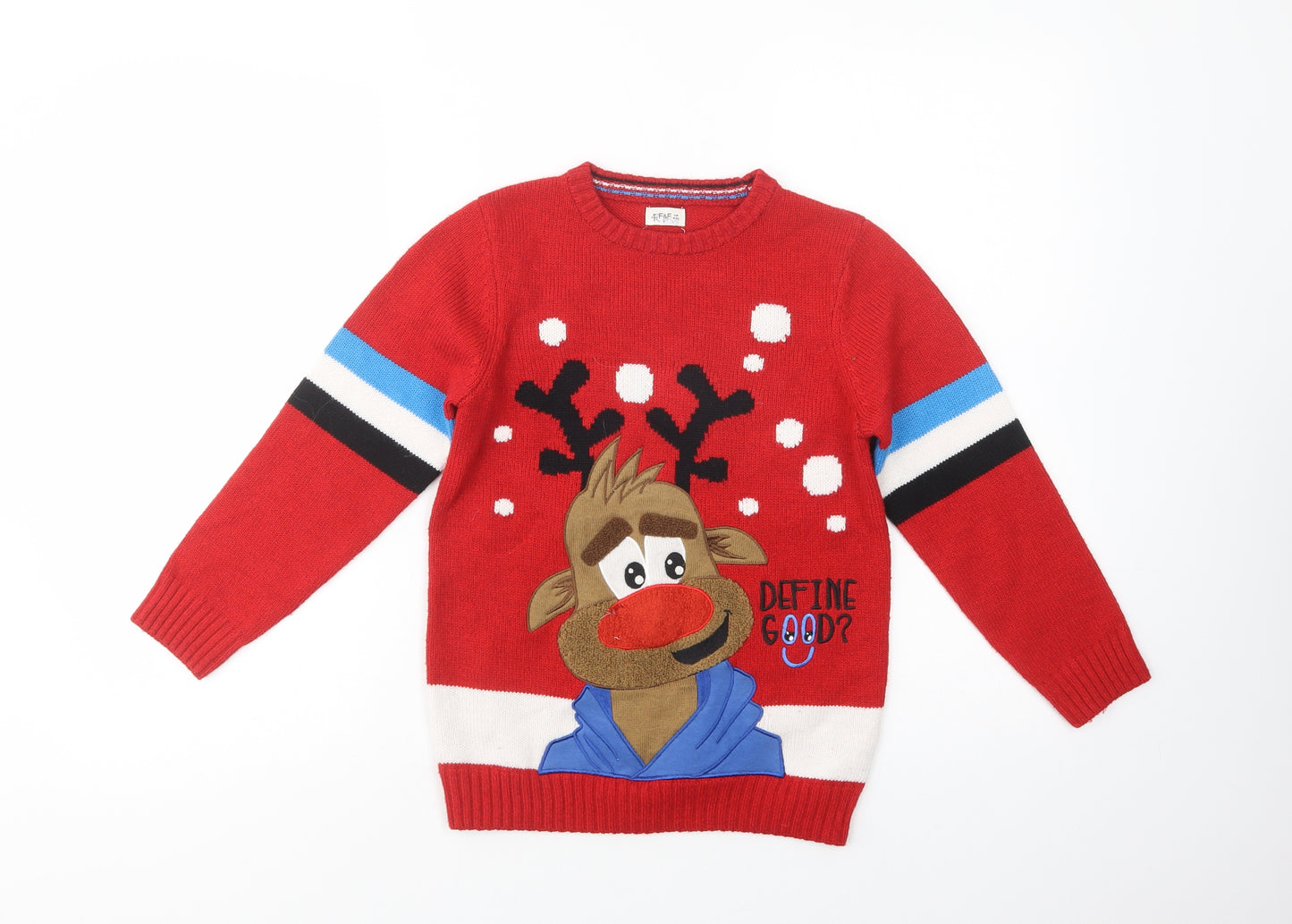 F&F Girls Red Crew Neck  Acrylic Pullover Jumper Size 8-9 Years  Pullover - Rudolph Christmas