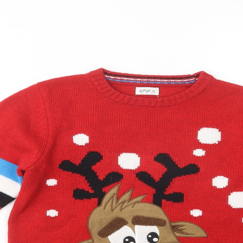 F&F Girls Red Crew Neck  Acrylic Pullover Jumper Size 8-9 Years  Pullover - Rudolph Christmas