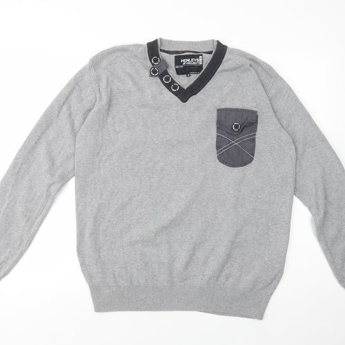 Henleys Mens Grey V-Neck  Cotton Pullover Jumper Size L
