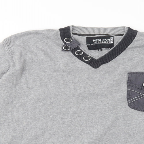Henleys Mens Grey V-Neck  Cotton Pullover Jumper Size L