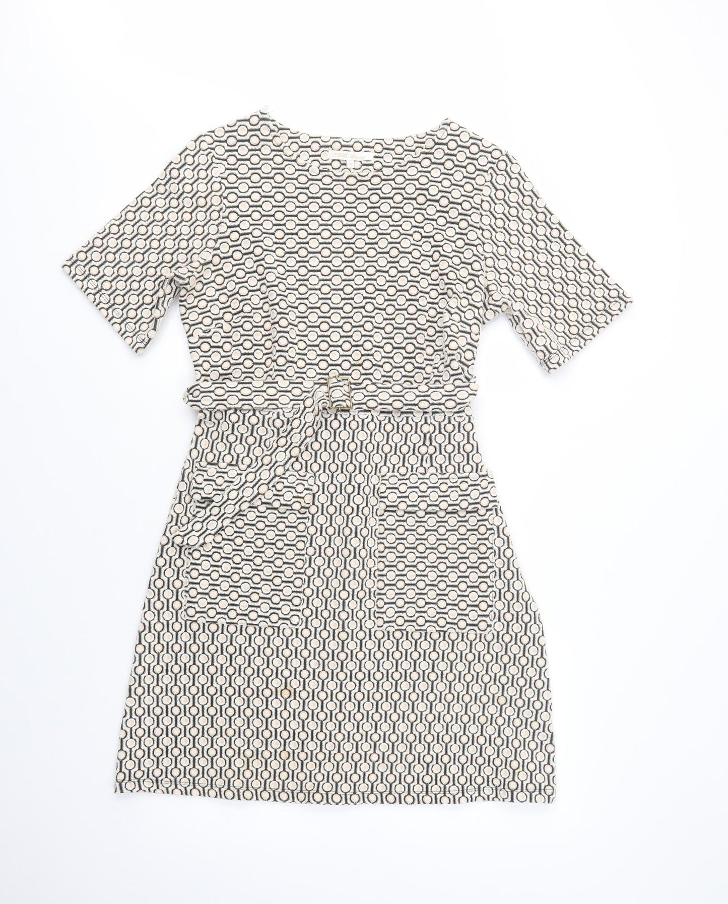 NEXT Womens Beige Geometric Polyester Fit & Flare  Size 14  Boat Neck Button