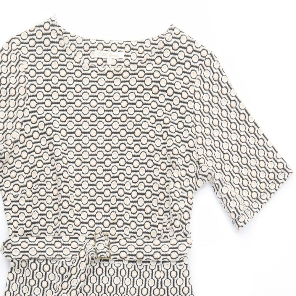 NEXT Womens Beige Geometric Polyester Fit & Flare  Size 14  Boat Neck Button